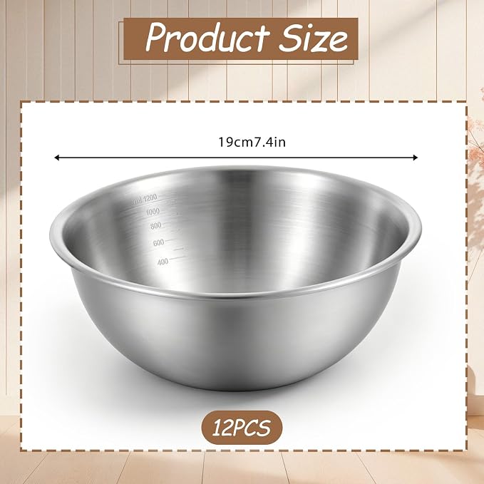 12 Pcs Stainless Steel Mixing Bowls with Graduations, 1.27QT Stainless Steel Bowls, Nesting Metal Prep Salad Bowl, Metal Serving Reusable Baking Food Storage Containers Kitchen Cooking(7.5 x 3 Inch)