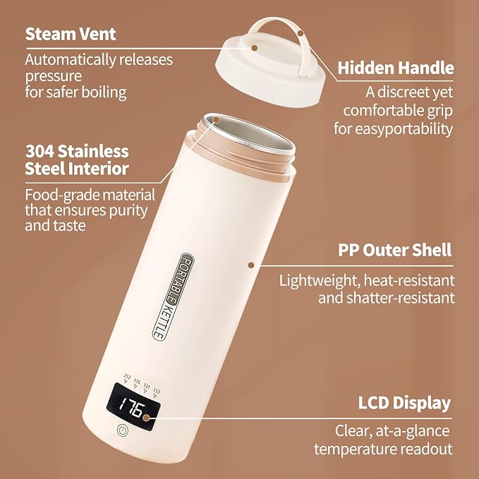 Travel Kettle, Portable Electric Kettle for 4 Temperature Controls, Cream | 304 Stainless Steel Liner, Auto Shut-off, 300W (120V) Fast Boiling, Water Bottle for Business Trips, Dorm & Office, 450ml