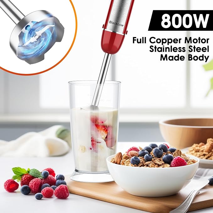 Blackcow Immersion Blender Handheld, Corded Hand Blenders Set 800W, 6 Speed Stick Blender 5 in 1 Stick Emulsifier with Chopper, Whisk and Frother for Soup, Baby Food and Smoothies, Red