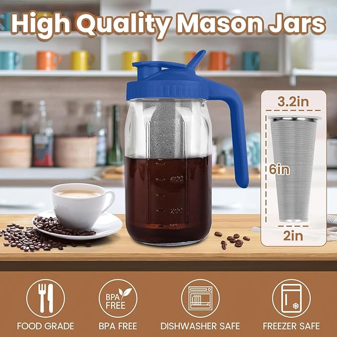Cold Brew Coffee Maker, 32 oz Mason Jar Pitcher with Stainless Steel Filter, Pour Spout Handle Lid, Heavy Duty Glass Airtight & Leak-Proof for Iced Coffee,Tea & Lemonade