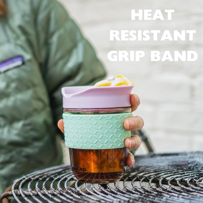 Travel Mug Loose Tea Infuser - Detachable Tea Strainer with Spillproof Lid - BPA-Free Reusable Glass Travel Coffee Cup with Silicone Band (Black, 12oz)