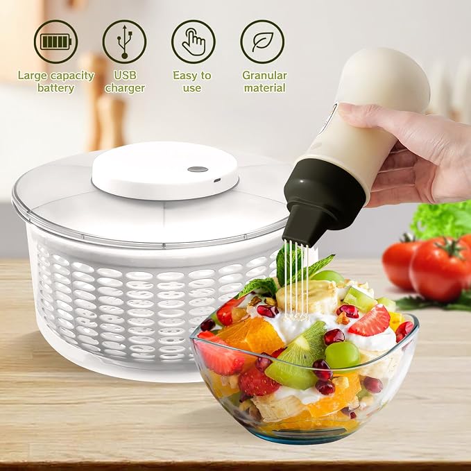 Electric Salad Spinner, 6L Vegetable Washer Dryer with 350ml Squeeze Bottle | Large Capacity Automatic Vegetable Washer Drainer Strainer for Fruit Drying, USB Lettuce Spinner Cleaner for Home Kitchen