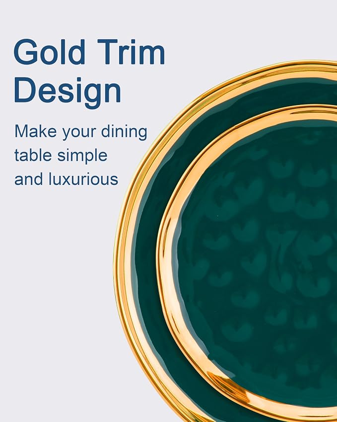 LOVECASA 12 Pieces Plates and Bowls Sets, Porcelain Green and Gold Dinnerware Sets, Round Dinner Plates Dishes Set Service for 4, Dishwasher Safe and Scratch Resistant, Green