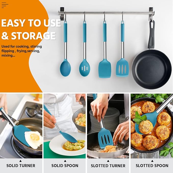Cooking Utensils Set of 4, E-far Silicone Kitchen Utensils for Non-stick Cookware, Heat Resistant & Non-toxic Slotted Spatula Solid Spoon Turner for Flipping Mixing Serving Basting(Teal Blue)
