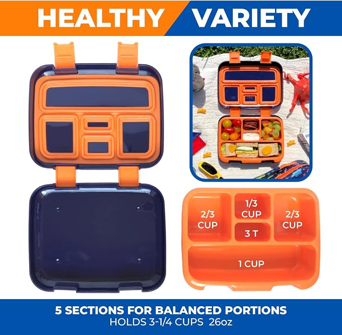 kinsho Dinosaur Bento Lunch Box Container for Small Kids Boys, Blue Orange | 5 Portion Sections, BPA-Free Spill-Proof Leakproof Removable Plastic Tray, Snacks and Lunches for Toddlers Pre-School Daycare