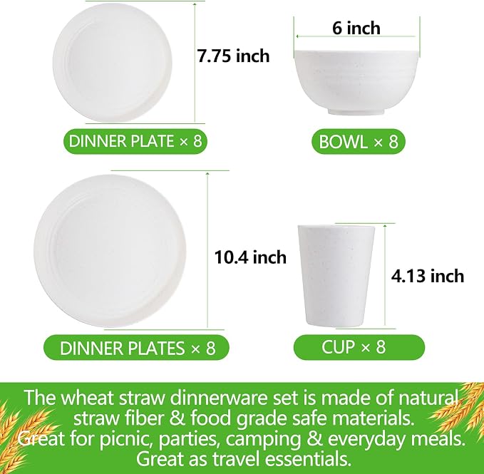 32pcs White Wheat Straw Dinnerware Set,Plates and Bowls Sets for 8 | Reusable Plastic Plates,White Plastic Dinnerware Set | Includes Disposable Plates bowls Cups for Camping,Picnic,Patio,Travel