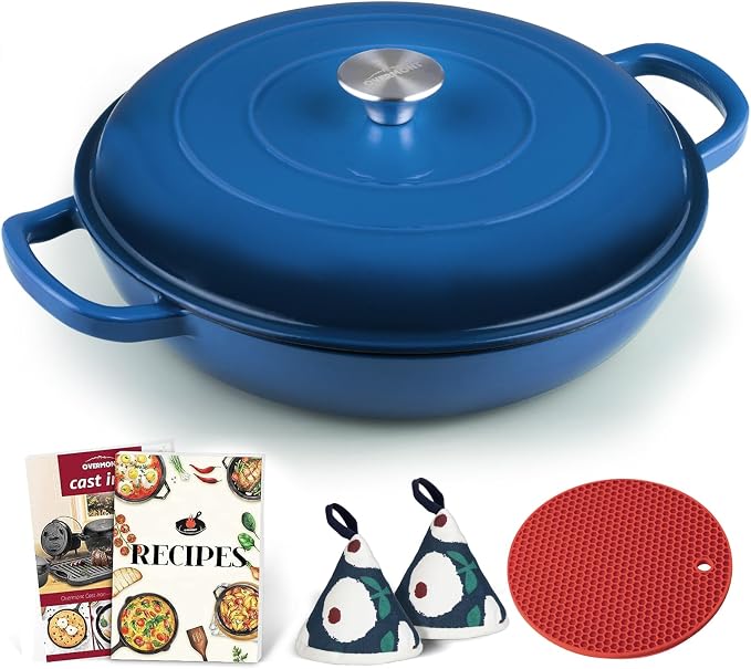 Overmont Enameled Cast Iron Dutch Oven - 3.8 QT Shallow Braiser with Recipe | Enameled Casserole with Lid Potholders, Oven Safe up to 500°F, Cast Iron Cookware for Grilling Searing Roasting Braising Bake