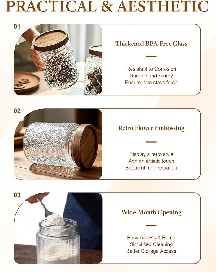 Vintage Glass Jars with Wood Lids - 34 OZ Airtight Storage Container for Kitchen Pantry Bathroom, Decorative Canisters for Coffee Beans, Brown Sugar, Cookie, Candy, Tea Bag, Dog Treat, Flour