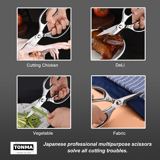 TONMA Kitchen Scissors for Food [Made in Japan] All-Purpose Kitchen Shears | 100% Japanese High Carbon Steel, Ultra-Sharp 4.0 mm Thickened Blades, Effortless Cutting, Ergonomic Ambidextrous
