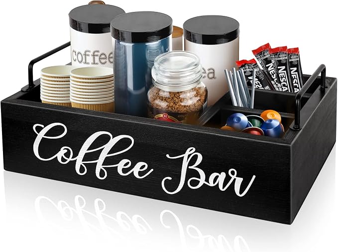 MINCORD Coffee Station Organizer for Countertop | Wooden Coffee Bar Holder Accessories Farmhouse Kcup Pod Storage Basket with Handle - Black