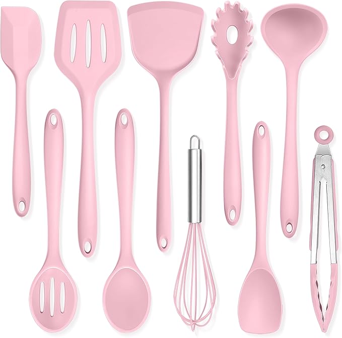 TeamFar Silicone Cooking Utensils, 10 pcs Kitchen Cooking Utensils Set | Heat Resistant Kitchen Gadgets Tools Set w/Spatula, Turners, Spoons, Soup Ladle, Pasta Server for Nonstick Cookware, Pink