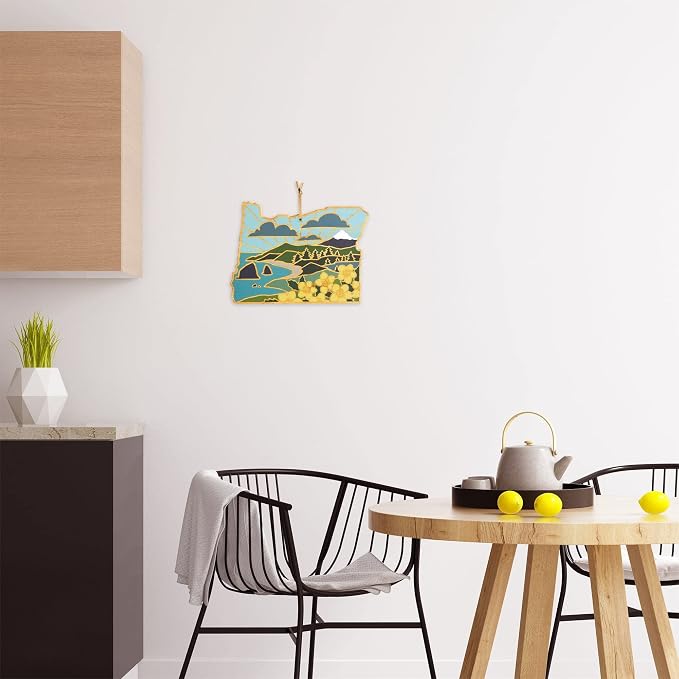 Totally Bamboo Oregon State Shaped Cutting Board, Summer Stokes Art | State charcuterie board with colorful hand-drawn landscape art. Smooth reverse side for food prep. Hang tie for wall display.