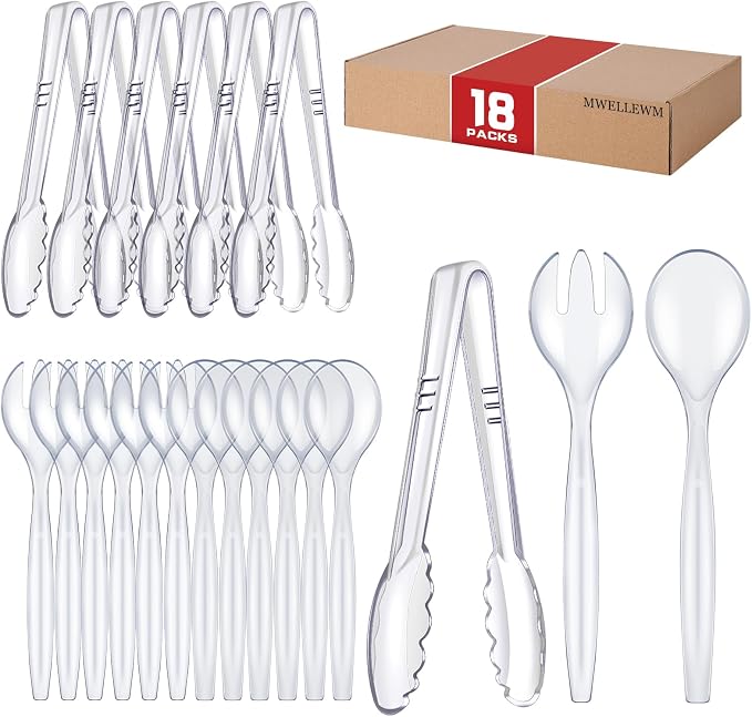 Mwellewm Plastic Serving Utensils Set Disposable Tongs Spoons for Buffet | 10'' Serving Spoons for Buffet, 18Pc Clear Fork Salad Tongs for Party Food,Catering Supplies Buffet Display for Restaurant