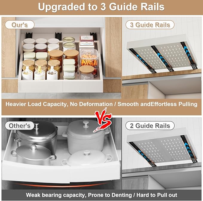 Fokyfok Pull out Cabinet Organizer,11"-16"W,17"-24"D,Expandable,Adhesive | No Drill,3 Rails,Adjustable Slide out Drawers for Kitchen,Pantry,Roll out Shelves,for Cabinets Without Lip,Bathroom,White,1PC