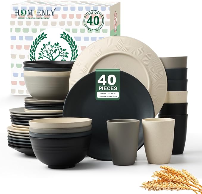 Kitchen Wheat Straw Dinnerware Set 40 PCS - Dinner Plates, Cereal Bowls, Wheat Straw Cups Set, Microwave and Dishwasher Safe Dishes Set, Unbreakable Dish Set for Party, Outdoor(Grey Stone)