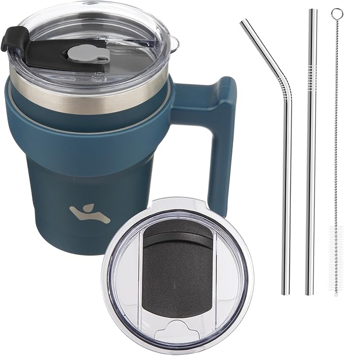 Konokyo 10 oz Tumbler with Handle and Straw, Insulated Travel Mug | Navy Blue; BPA-free, leak-proof tumbler with 2 lids, 2 straws, cup holder fit for coffee, office, travel & daily use