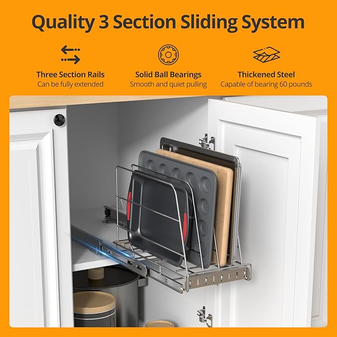 NestSprout Pull Out Cabinet Organizer for Cutting Board, Cookie Sheet, Baking Sheet, Stainless Steel Sliding Rack for Bakeware & Trays, Heavy-Duty Cutting Board Organizer 9”W x 16.5”D | Stainless Steel Sliding Rack for Bakeware & Trays, Heavy-Duty Cutt...
