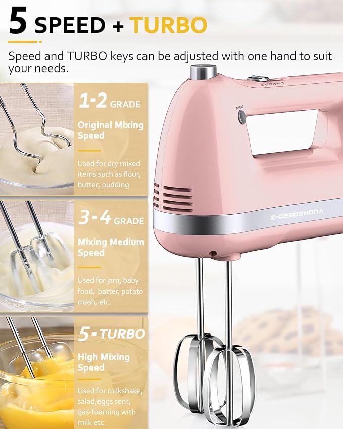 Electric Hand Mixer, Powerful Hand Mixer Electric Handheld with 304*(2*Beaters, 2*Dough Hooks),(1*Storage Bag) Hand Held Mixer with Turbo for Baking Cakes,Cream(Pink)
