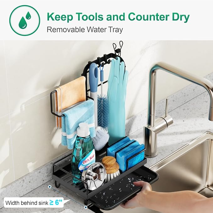 Kitchen Sink Organizer - Large Sink Caddy for Brushes, Black | Removable Drip Tray, Towel Bar & Glove Clip for Sponge, Sink Counters, Cleaning Tools and Kitchen Daily Use, Rust-Resistant