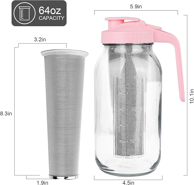 Cold Brew Coffee Maker, 64 oz Mason Jar Pitcher with Stainless Steel Filter, Pour Spout Handle Lid, Heavy Duty Glass Airtight & Leak-Proof for Iced Coffee,Tea & Lemonade