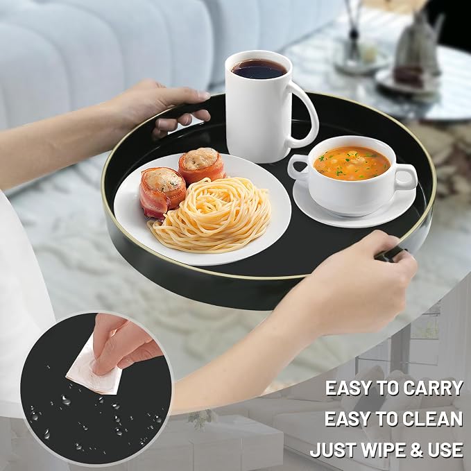 13" Black Decorative Tray, Plastic Round Serving Tray with Handles | Decorative Tray for Coffee Table, Modern Ottoman Tray, Circle Tea Tray, Round Melamine Tray for Living Room, Bathroom