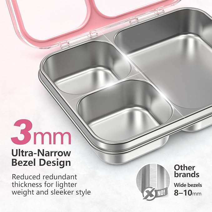LOHASOK Stainless Steel Bento Lunch Box, 34oz/1000ml, Pink | 3-Compartment, Leak Proof, Lightweight, Clear Plastic Lid, for Kids Adults, BPA/BPS Free, Dishwasher Safe