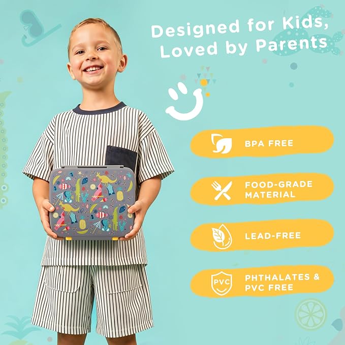 Kids Lunch Bento Box with 8oz Thermo/Ice Pack, BPA-Free, for School | Leak-proof Food Containers with 5 Compartment, Insulated Food Jar, Dishwasher Safe, Easy to Clean, Lunch Box for Girls Boys