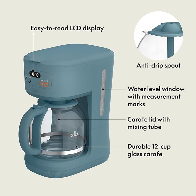 BREW 12-Cup Programmable Coffee Maker with No-Drip Glass Carafe, Surf