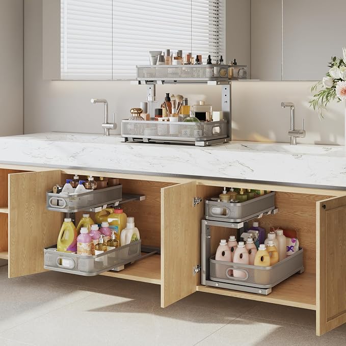 2 Pack 15.7IN-Depth Under Sink Organizer With Smooth Cylindrical Rail,2-Tier Pull Out Multi-Purpose Cabinet Storage for Bathroom&Kitchen,Height Adjustable,Rust-resistant Coating-Gun Gray