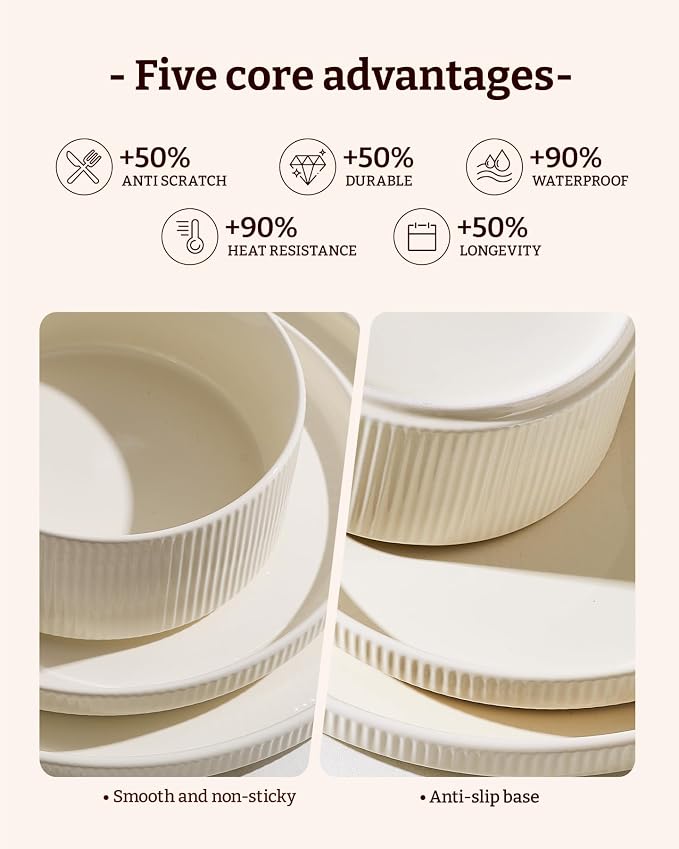 Line Porcelain Dinnerware Set, dish set for 4, Creamy White | Premium dinnerware set, chip-resistant & durable. Safe for dishwasher, microwave, oven. For daily meals to festive feasts