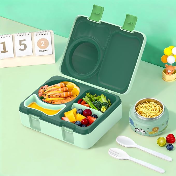 Bento Box for Kids, Leakproof Kids Lunch Box with 8.5OZ Thermo Food Jar & Lunch Bag, 3-4 Compartments Toddler Insulated Lunch Box for Boys, BPA Free Lunch Containers for School Daycare