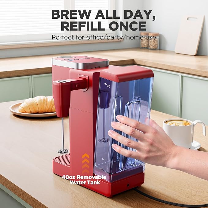 Tastyle Single Serve Coffee Maker with Built-in Detachable Milk Frother | For K Cups & Grounds, 40oz Removable Water Tank, 6 Brew Sizes, 2 Drip Trays, BPA Free, Fits 7.3" Travel Mug, K330MF, Red