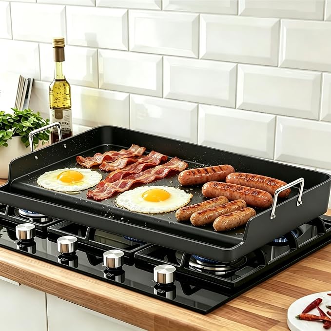 Upgrated 23＂× 16＂× 3＂Nonstick Universal Cast Iron Griddle, Muti-Purpose Cooking Griddle for Gas Grill with Grease Groove, Pre-Seasoned Flat Top Plate Insert for Camping, Tailgating, Parties