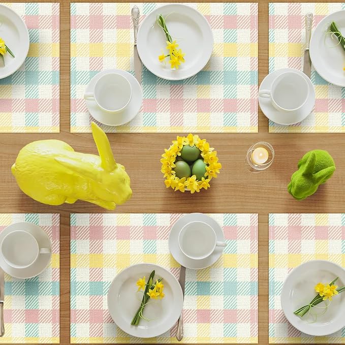 Buffalo Plaid Blue Pink Yellow Spring Easter Placemats Set of 6, 12x18 Inch Table Mats Easter Decor for Holiday Party Kitchen Dining Room Decoration