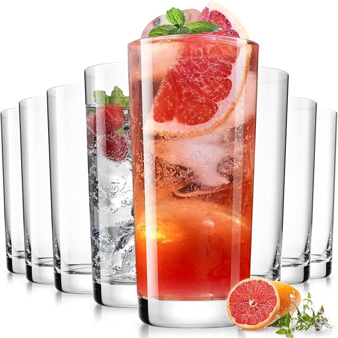 Drinking Water Glass Cups Set,Crystal Highball Glasses cups set of 8,16oz | Wide Mouth Design Tall Glassware for Cocktail Parties, Family Dinners