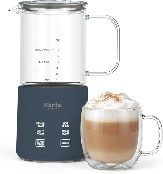 Martha Stewart 10oz Milk Frother & Steamer, 4 Presets, 300ml Glass Pitcher | Light, Dense, Cold Foam & Hot Chocolate, Ready in 90 Seconds, Cordless Pouring, Runs Quiet, Almond, Soy & Oat Milk, Indigo