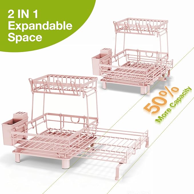 2-Tier Expandable Dish Drying Rack, Kitchen Counter Pink | Large Capacity Kitchen Organization, Heavy-Duty Carbon Steel, Swivel Drain Spout, Cup Hooks & Utensil Holder