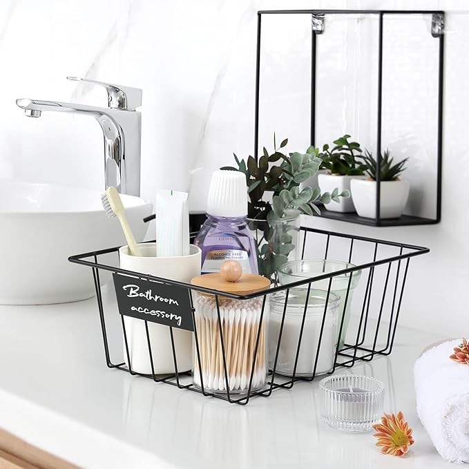 8 Pack Wire Storage Baskets for Organizing with Removable Tags, Pantry Organization Bins for Kitchen Cabinets, Closet - Metal Basket for Laundry, Garage, Refridge, Bathroom Countertop Organizer, Black