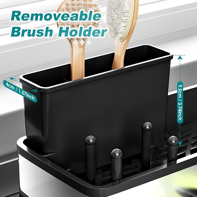 Ewaiira Stainless Steel Sink Caddy, Sponge Holder for Kitchen Sink 9.8″ | with Brush Holder and Towel Rack, Sink Organizer for Countertop, Soap Kitchen Organizers Storage Essentials, Black