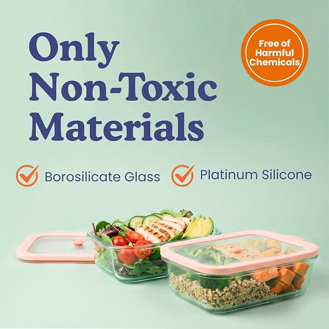 Non-Toxic Glass Food Containers with Lids, 2-Pack, 50 oz, Airtight, Beige | Plastic & BPA free. Glass body, glass lid & platinum silicone seal. Airtight & leakproof. Freezer & microwave safe.