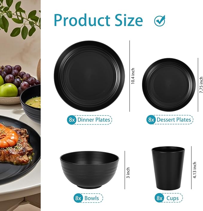 32-Piece Black Wheat Straw Dinnerware Sets, Unbreakable Dish Sets | Durable plastic dishes and reusable plates set for kitchen, ideal for camping, parties, RVs, and everyday family dinners.
