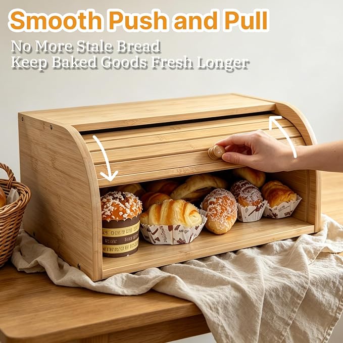 Natural Bamboo Roll Top Bread Box for Kitchen Countertop | Food Storage Container with Assembly Required with rolling lid, vintage food keeper for muffins, bagels, cookies