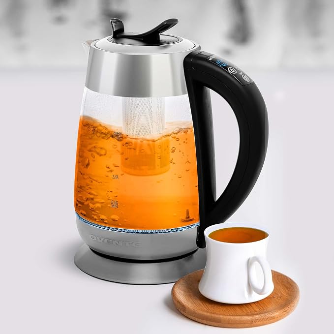 OVENTE 1.8L Glass Electric Kettle with Tea Infuser, Silver KG661S | 1500W Fast Boiling, Easy Fill Lid, 6 Temperature Control, Keep Warm, Digital Display, BPA-Free, Auto Shut-Off, 360° Base