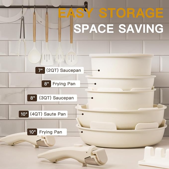 Astercook 21 Pcs Pots and Pans Set Non Stick, Ceramic Cookware Set Detachable Handle, RV Kitchen Cooking Set Removable Handles, Oven Safe, Induction Ready, Stackable, Cream, Fathers Day Gift for Men