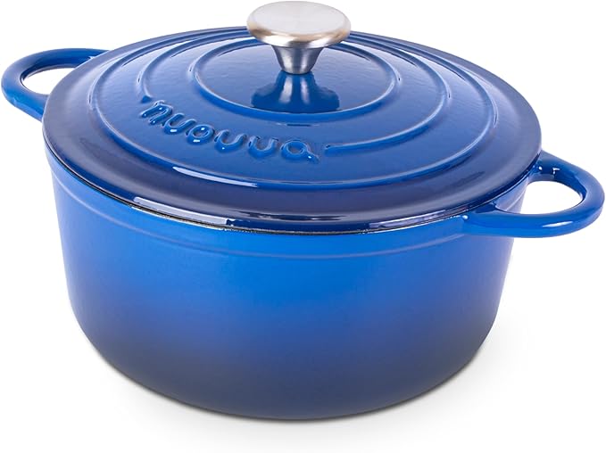 Cast Iron Pot with Lid-Non-Stick Ovenproof Enamelled Casserole Pot, Oven Safe up to 500° F-Sturdy Dutch Oven Cookware - Dark Blue, 5-Quart, 24cm by- Nuovva