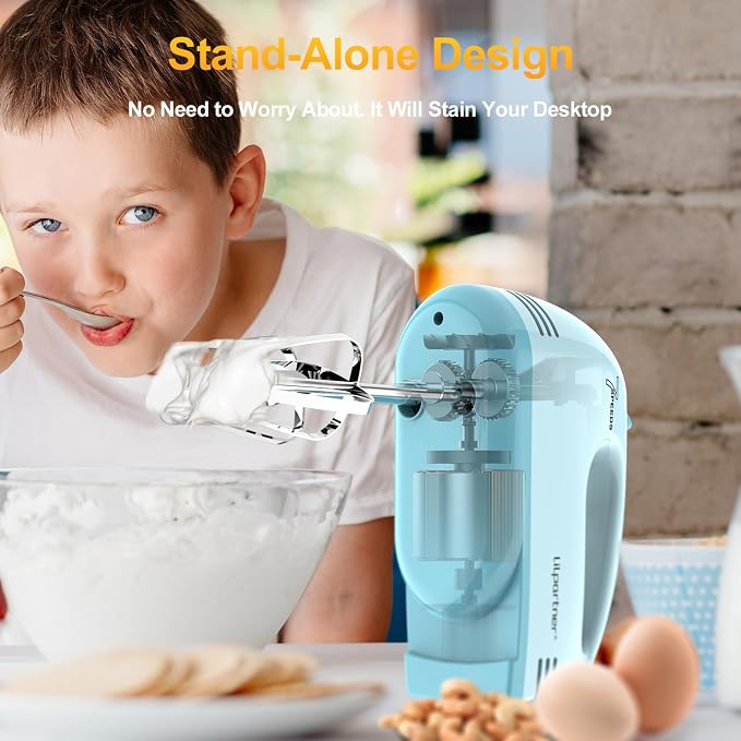 LILPARTNER Electric Hand Mixer with Storage Box, Ultra Power Kitchen Hand Mixer With 7-Speed & 5 Stainless Steel Accessories for Whipping Dough, Cream, Cake, Dishwasher Safe, BLUE BOX
