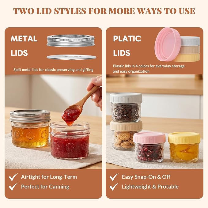 CycleMore 4oz Sunflower Glass Jars 40 Pack with 2 Sets of Lids | Mini Mason Jars with 40 Metal Split + 40 Colorful Plastic Lids. For Jams, Wedding bulk, Wholesale DIY. BPA-Free & Durable