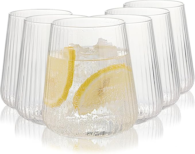 Set of 6 Stemless Wine Glasses,17oz Ribbed Drinking Glasses, Lightweight, Clear, Everyday Drinking Water Glass, Fluted Design, Ideal for Water, Iced Coffee, Juice, Milk, Housewarming Gift