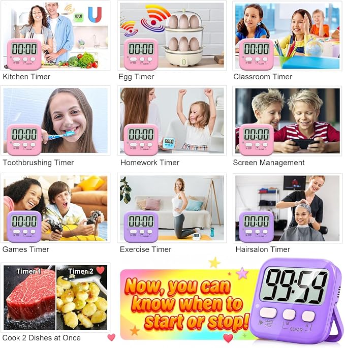 2 Pack Digital Timer for Kids Classroom Kitchen Timers for Cooking | w/ Battery, Easy to View, Alarm, Mute Mode, Count Down/Up, Magnetic, Kickstand, Hanging, Classroom Timer for Teacher Supplies