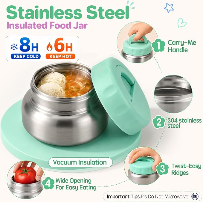 JSLOVE Bento Lunch Box with Leak Proof Thermos Food Jar for Kids, Food Lunch Containers for Girls with 4 Compartments, BPA-Free with Utensils, Food Picks, Sauce Jar & Silicone Lunch Box Dividers
